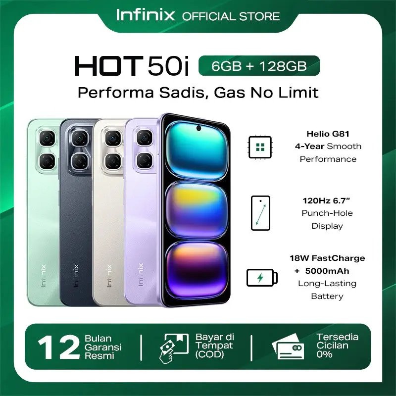 Infinix Hot 50i 6/128GB - Up to 12GB Extended RAM - Helio G81 - 6.7 inch 120Hz Punch Hole Display - 48MP AI Lens - 5000 mAh