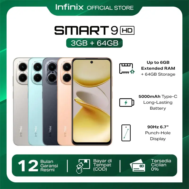 Infinix Smart 9 HD 3/64GB - Up to 6GB Extended RAM - 6.7 inch 90Hz Punch Hole Display - Helio Octa Core - 5000 mAh