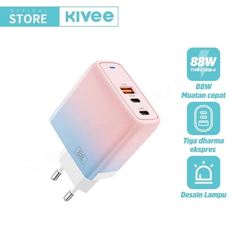 KIVEE Charger Type C Super fast charging 88W Adaptor mini 3-in-1 Type C & USB*2 PD+QC 4.0 Original