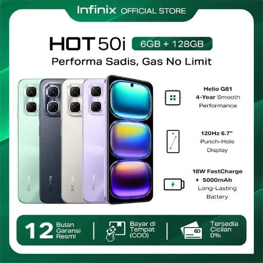 Infinix Hot 50i 6/128GB - Up to 12GB Extended RAM - Helio G81 - 6.7 inch 120Hz Punch Hole Display - 48MP AI Lens - 5000 mAh