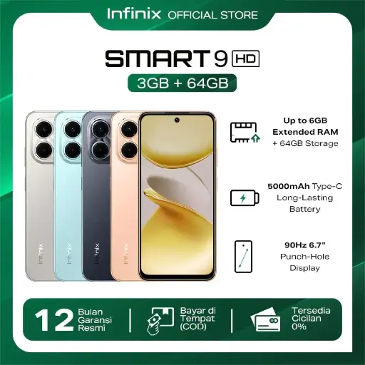 Infinix Smart 9 HD 3/64GB - Up to 6GB Extended RAM - 6.7 inch 90Hz Punch Hole Display - Helio Octa Core - 5000 mAh