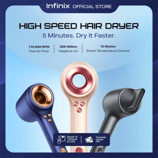 Infinix Hair Dryer | Pengering Rambut - 64db Ultra Silence - High Speed Drying - Smart Temperature Control - Magnetic Nozzle - Dust Proof