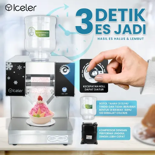 Iceler Mesin Es Bingsoo 750Watt 120kg/24jam Bingsu Snow Ice Maker Pembuat Es Salju Tombol Kontrol manual