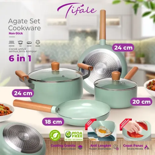 Tifale Agate Set Cookware Panci Set 6IN1 Frypan Saucepan Anti Lengket Granite Coating